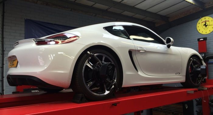Tyre-Smart (Essex) Jaguar on ramp for wheel alignment